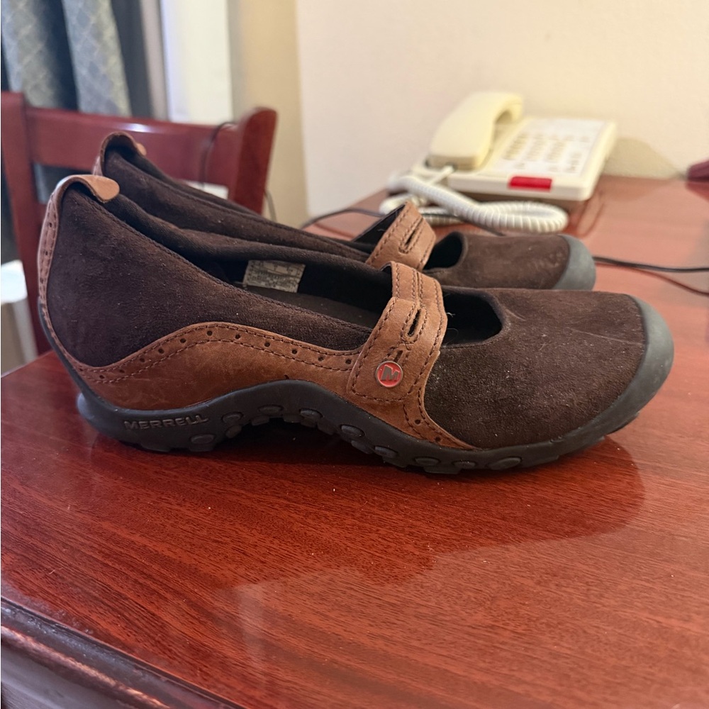 Merrell Women's Dark Brown Flats with Tan Strap